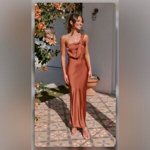 Elegant One-Shoulder Satin Dress in Rust